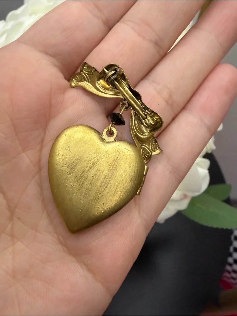 Vintage Gold Heart Locket Brooch with Bow Accent